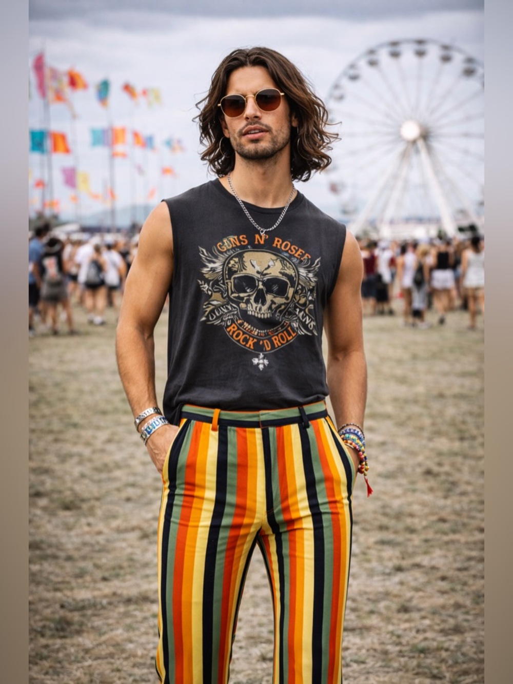 70s Style Striped Flare Pants Mens Retro Wide Leg Disco Festival Statement M